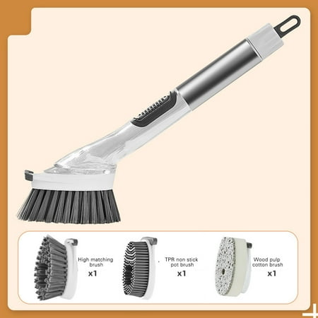 Long Handled Pot Scrubbing Brush with Dishwashing Liquid Dispenser(Gray)
