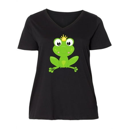Inktastic Cute Frog Green Frog Crown Frog Prince Women s Plus Size V-Neck