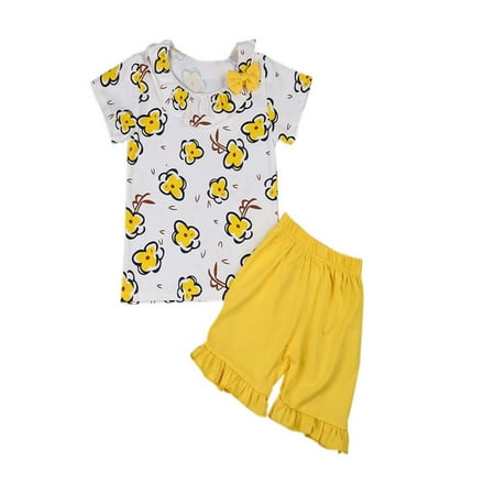 Summer Girls Short Sleeve Printing T-shirt Shorts Casual 2 Pcs Suit Set