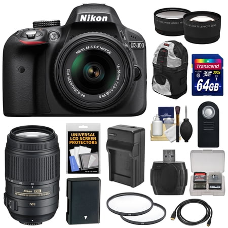 Nikon D3300 Digital SLR Camera & 18-55mm G VR DX II AF-S Zoom Lens (Grey) with 55-300mm VR Lens + 64GB Card + Backpack + Battery & Charger + Tele\/Wide Lens Kit