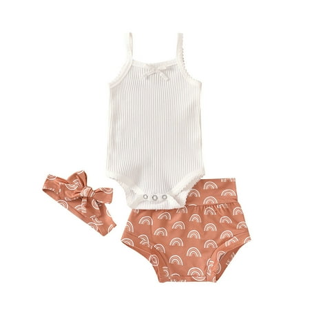 Baby Girls Romper Tops+Rainbow Print Short Pants +Headbands Sets