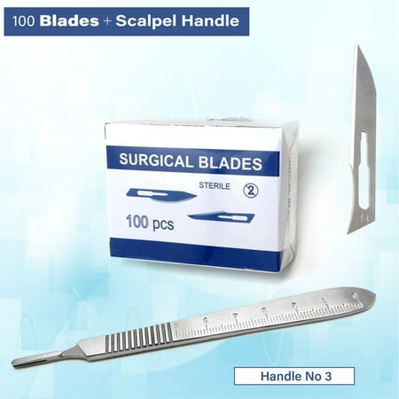 Box of 100 Sterile Blades #14 + Reusable Scalpel Handle No 3 w/ Scale