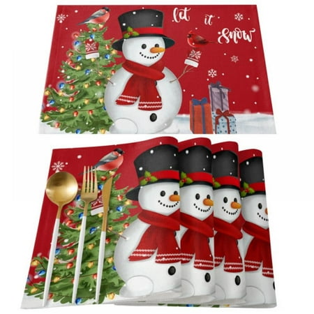 

Christmas Cute Snowman Placemats Set of 4 Bell Tree Table Mats Waterproof Non-Slip Placemat Winter Snowflake Red White for Dining Tables Kitchen Holiday Party