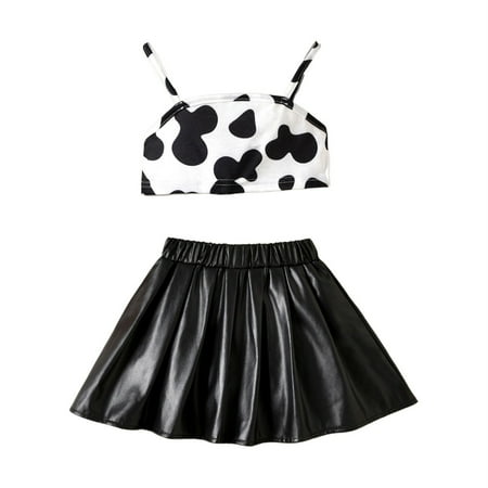 Rovga Outfits For Toddler Girls Summer Milk Cow Print Top And Black Synthetic Leather Skirt Sling Skirt Set
Rovga Outfits For Toddler Girls Summer Milk Cow Print Top And Black Synthetic Leather Skirt Sling Skirt Set