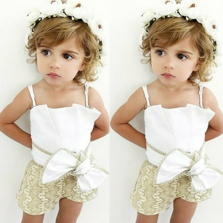 Newborn Kid Baby Girl Lace Sling Openwork Bow Rompers Tops Summer Clothes Set