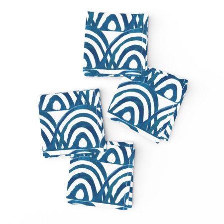 Cocktail Napkins Blue Art Deco Watercolor Geometric Scallop Ocean Waves Set of 4