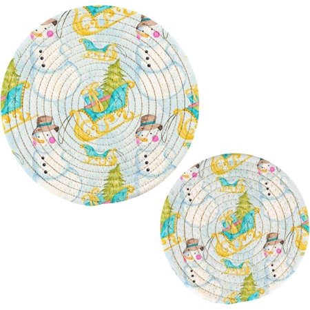 Bestwell set of 2 Christmas Snowman Snowmobile Trivets Pot Holders, Hot Pads Table Mats Placemats Set for Cooking and Baking Cotton Braided Hot Pads 7in+9in