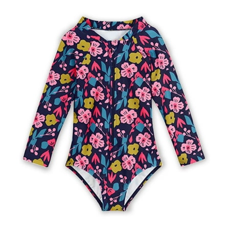 URMAGIC URMAIC Toddler Little Girls Long Sleeve Rash Guard Zip Up One Piece Floral Swimsuit