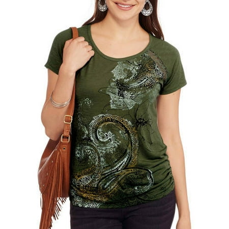 Women's Graphic Tee With Lace Inset and Flattering Side Ruching