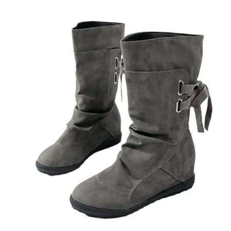 Women Boots Round Toe Belt Buckle Mid-Tube Boots Rear Strap Flat Boots