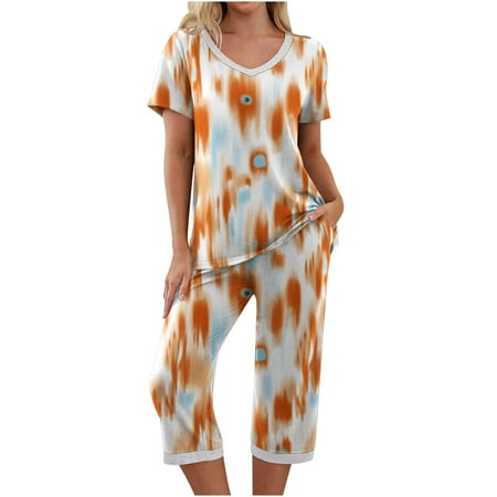 Edvintorg Womens Pajama Set Clearance Fashion Printing V-Neck Short Sleeve Shirt And Capri Pants Sets With Pockets Casual Loungewear
Edvintorg Womens Pajama Set Clearance Fashion Printing V-Neck Short Sleeve Shirt And Capri Pants Sets With Pockets Casual Loungewear