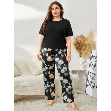 

Casual Women s Plus Short Sleeve Floral Print Pajama Set Black 1XL(14) for Summer F220102Y