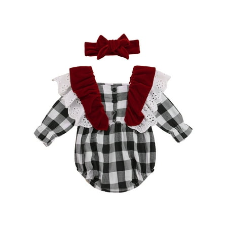 Binpure Baby Clothes Set Plaid Printing Romper and Bow Knot Headdress