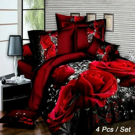 4Pcs 3D Red Rose Printed Bedding Set Quilt Cover + Bed Sheet + Pillowcases for Queen Size Bedspread Set