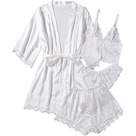 

Singreal Women Silk Satin Pajamas Set 4pcs Lingerie Floral Lace Cami Sleepwear with Robe