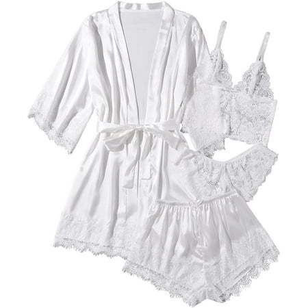 Singreal Women Silk Satin Pajamas Set 4pcs Lingerie Floral Lace Cami Sleepwear with Robe
