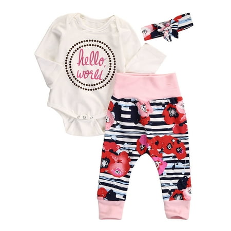 Newborn Baby Girl Long Sleeve Summer Letter Romper Jumpsuit +Toddler Flower Long Pants+Headband Outfits 
Newborn Baby Girl Long Sleeve Summer Letter Romper Jumpsuit +Toddler Flower Long Pants+Headband Outfits