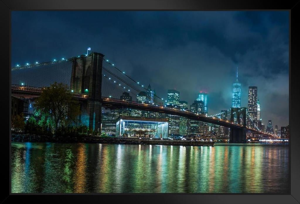 New York City NYC Manhattan Brooklyn Bridge Skyline At Night Photo Art