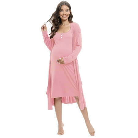 Womens Maternity Nursing Nightgown and Robe Set 3 in 1 Labor Delivery Nursing Breastfeeding Dress Long-sleeved Nursing Nightdress Set Ladies Loungewear S-XXXL