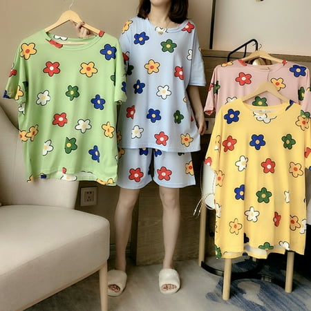 Women Short Sleeve T-shirt Blouse Shorts Floral Print Pajamas Sleepwear Set