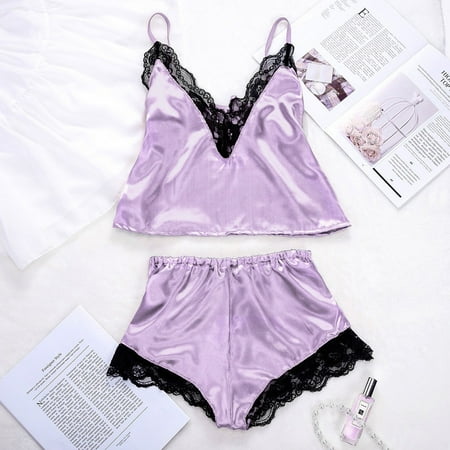 Outfmvch Erotic underwear 2PC Lingerie Women Lace Babydoll Nightdress Nightgown Sleepwear Underwear Set Purple XXL