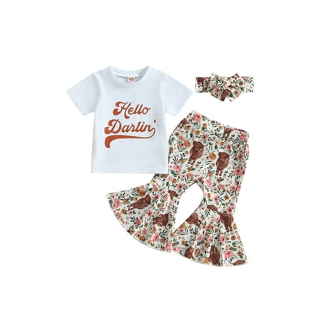 Qtinghua Toddler Baby Girl Summer Clothes Short Sleeve T-Shirt Cow Print Bell Bottoms Headband 3Pcs Western Clothes
Qtinghua Toddler Baby Girl Summer Clothes Short Sleeve T-Shirt Cow Print Bell Bottoms Headband 3Pcs Western Clothes
