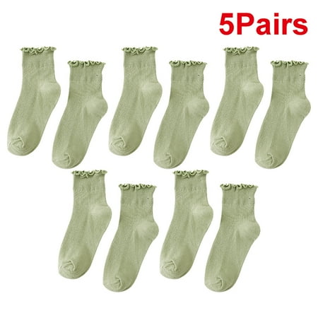 YUANBANG 5Pairs Ruffle Ankle Socks for Women Casual Lettuce Knit Green