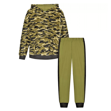Sleep On It Boys Green Camo Soft Fleece 2-Piece Hooded Pajama Sleep M 8/10