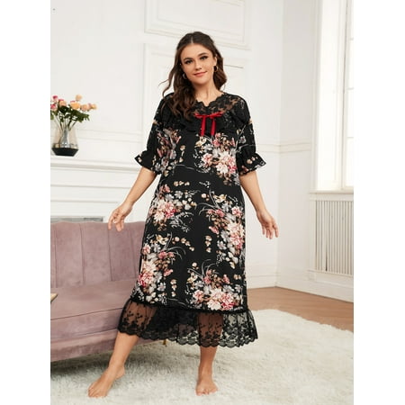 

Women s Plus Floral Print Lace Panel Night Dress 1XL(14) Black Elegant F22001D
