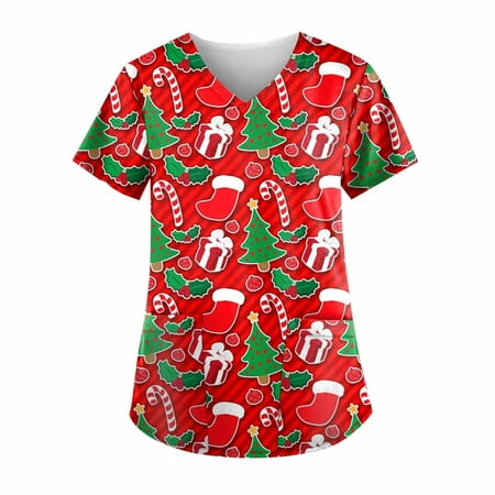 

EHTMSAK Womens Short Sleeve Scrub Top Christmas V Neck T Shirt Short Sleeve Fall Uniform Workwear Tunic Casual Clinic Blouse Carer Top on Clearance with Pockets Red 3X