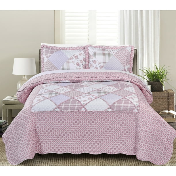 MHF Home Dharma Floral and Plaid Patchwork 3-piece Quilt Set