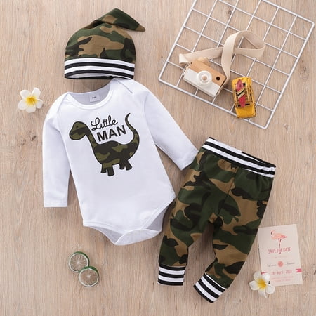 PatPat Newborn Baby Boy 3pcs Outfit Set Long Sleeve Camouflage Dinosaur Print Romper Elastic Waist Splicing Pants with Hat Infant Set Fall Clothes Winter Pajamas Set 0-18Month