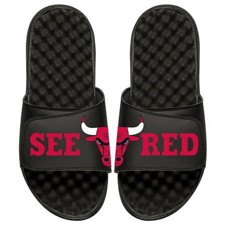 Men s ISlide Black Chicago Bulls Team Slogan Slide Sandals