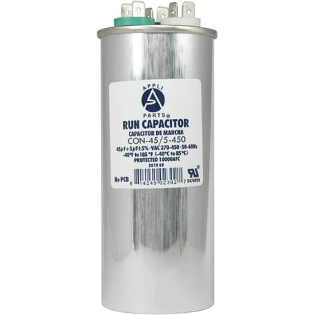 Appli Parts Dual Run Capacitor For Ac 45 5 Mfd Uf (Microfarads) 370VAC Or 450VAC CBB65 Round Universal Fit For Hvac And Other Applications 5-1/4 In High 2 In Wide CON-45/5-450
Appli Parts Dual Run Capacitor For Ac 45 5 Mfd Uf (Microfarads) 370VAC Or 450VAC CBB65 Round Universal Fit For Hvac And Other Applications 5-1/4 In High 2 In Wide CON-45/5-450