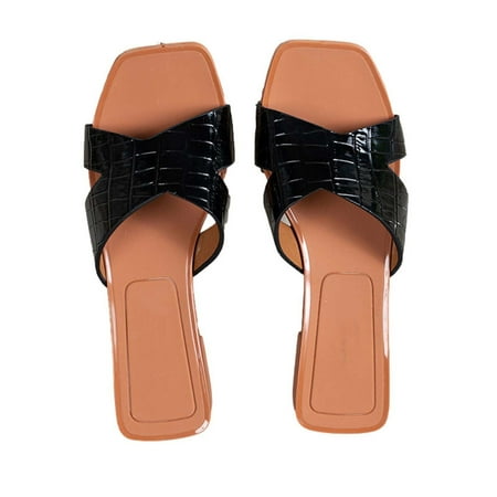 Jsezml Slippers for Women Square Toe Flat Sandals Chunky Stacked Heel Walking Sandals Comfortable Casual Beach Sandals