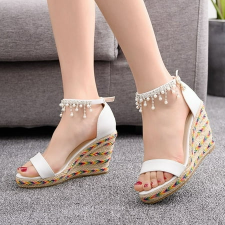 HIBRO Women s Tassel Beaded Wedges Sandals Woven Bottom Wedding Shoes Casual Shoes