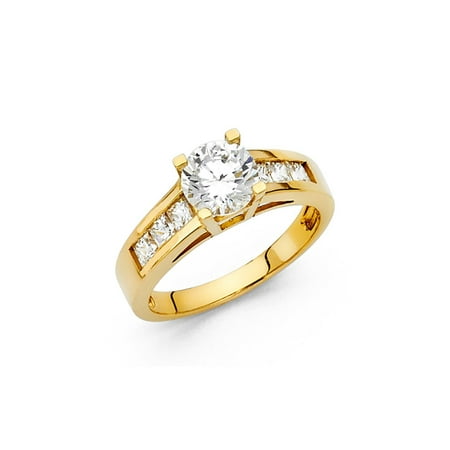 14K Solid Yellow Gold Round Cubic Zirconia with Side Stones Wedding Engagement Ring , Size 9