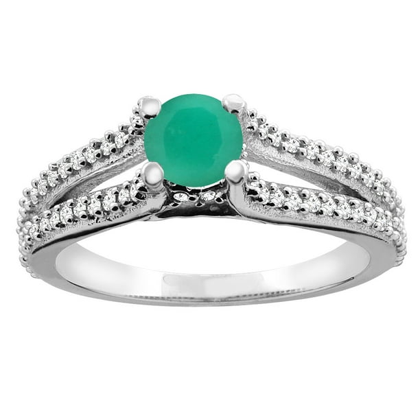 14K White Gold Natural Emerald Engagement Split Shank Ring Round 5mm Diamond Accents, size 6.5