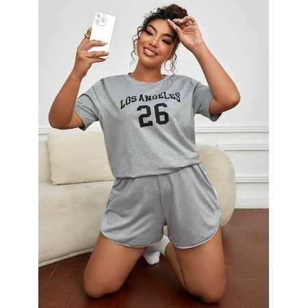Grey Casual Women s Plus Letter Graphic Pajama Set 4XL(20) Y22001D