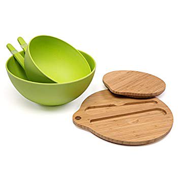 Bamboo Salad Bowl Bamboo-Fiber Bowl Set with Lids & Inset Utensils - Lids Double As Cutting Boards - Smaller Bowl Nests Perfectly Inside Larger for Easy Storage, Green