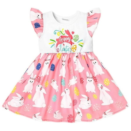 PatPat Easter Baby Girl Cotton Letter & Rabbit Print Flutter-sleeve Dress