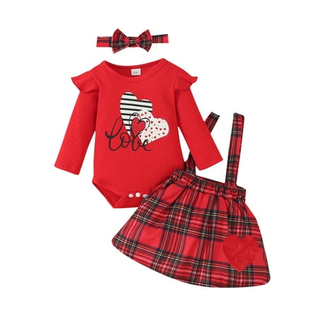 

LBECLEY Crop Top Pants Valentine s Day Baby Girls Long Sleeve Cartoon Romper Tops Plaid Suspender Skirt with Headbands 3Pcs Outfits Set Outfit Teen Girl Red 12M