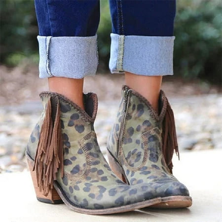 Women Ankle Boots High Heel Zip up Pointed Toe Leopard Print Booties Tassel Shoes 41