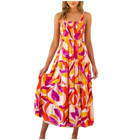 Women s Boho Suspenders Dress Printing Smocked Sleeveless Holiday Style Long Dress 
Women s Boho Suspenders Dress Printing Smocked Sleeveless Holiday Style Long Dress