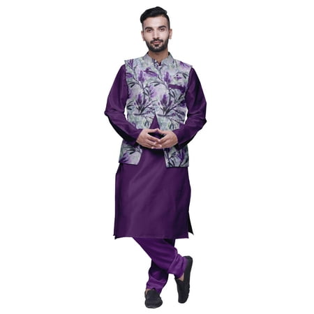 

Atasi Men Mandarin Collar Solid Kurta Churidar Pajama & Printed Nehru Jacket Set