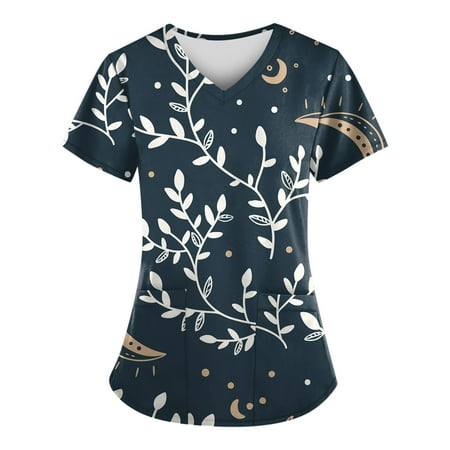 

Sksloeg Scrub Top For Women Summer Cartoon Printed Top Branch Patterned V-Neck Workwear T-Shirts With Pockets Nursing Working Uniform Navy XXXXL