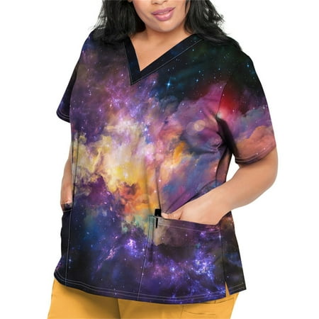 Sksloeg Women Scrubs Tops Workwear V Neck Short Sleeve Starry Printed Nursing Uniform Pattern Scrubs Shirts with Pockets Purple XXXL