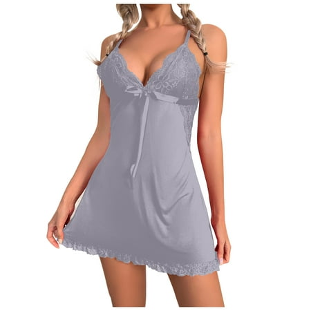 

QWERTYU Womens Teddy V Neck Babydoll See Through Lace Lingerie Nightgown Sexy Chemise Gray L