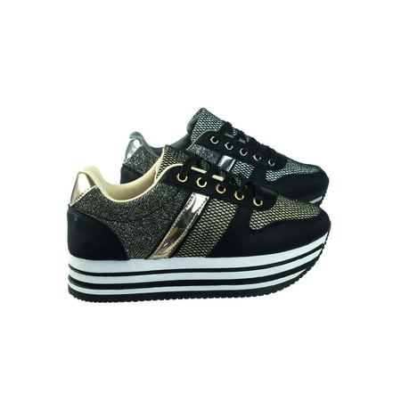 Sponge02 by Forever Link, Comfortable Mesh Glitter Flatform Sneaker w Stripped Curved Platform