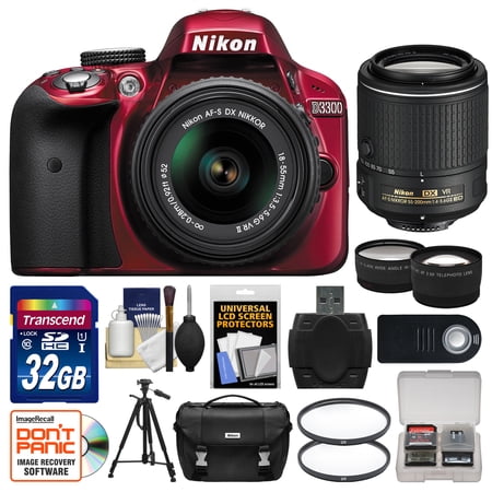Nikon D3300 Digital SLR Camera & 18-55mm VR DX II AF-S Lens (Red) - Factory Refurbished with 55-200mm VR II Zoom Lens + 32GB Card + Case + Tripod + Tele\/Wide Lens Kit